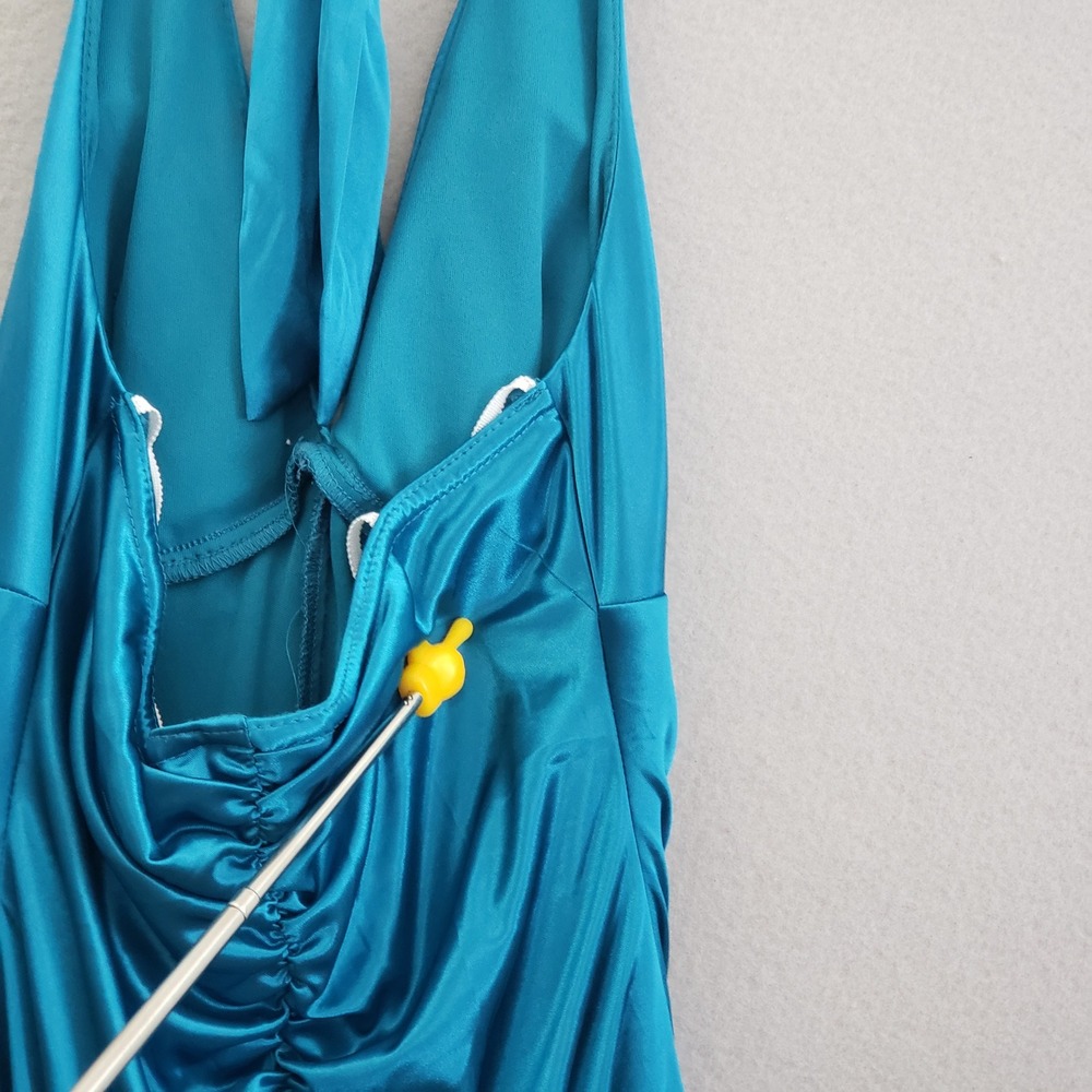 Vtg Jodi Kristopher Teal Blue Satin Halter Dress M Ruched Pleated Y2K Prom READ - Picture 6 of 15
